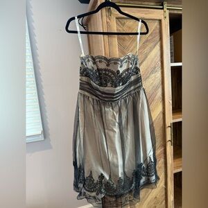 David's Bridal Strapless Black and Nude Embroidered Cocktail Dress